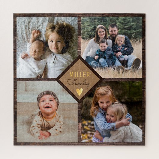 Rustic 4 Foto Collage Familie Naam Hout Legpuzzel (Verticaal)