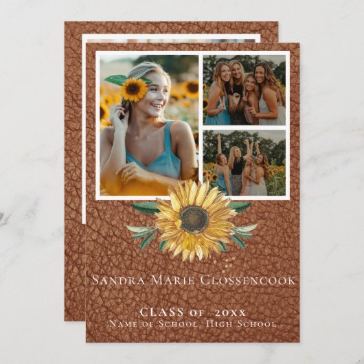 Rustic 4 Foto Collage Sunflower afstuderen Anno Aankondiging (Voorkant / Achterkant)