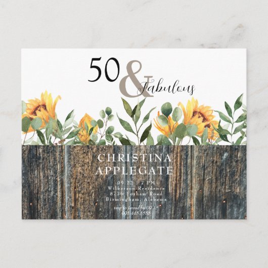 Rustic 50 & Fabulous Sunflower Birthday Briefkaart (Voorkant)