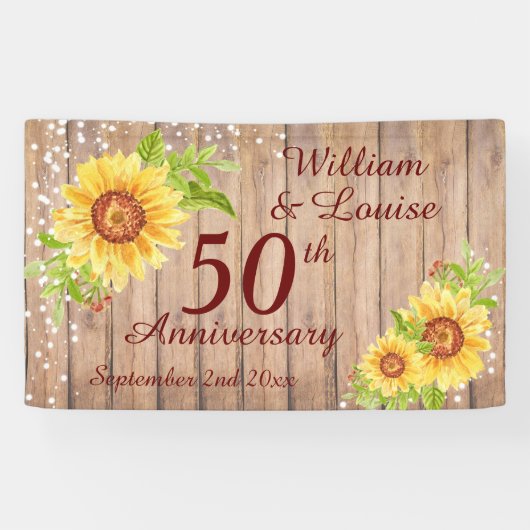 Rustic 50e Jubileum Floral Sunflower Party Spandoek (Horizontaal)