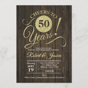 Rustic 50ste huwelijksjubileum goud met hout kaart