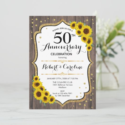 Rustic 50ste verjaardag - Zonnebloemen Hout Goud Kaart (Staand voorkant)