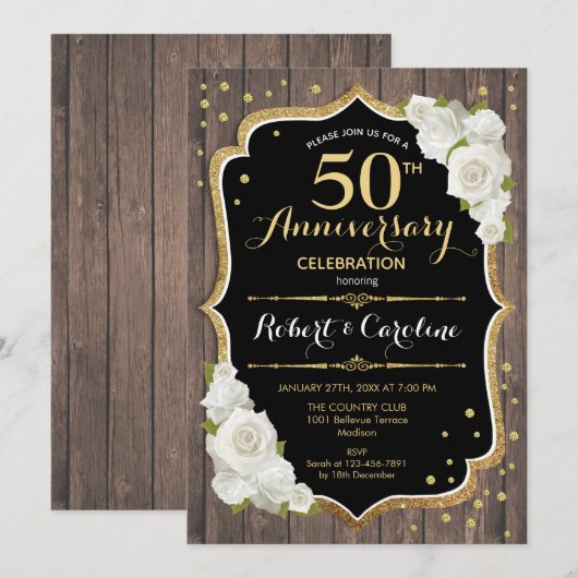 Rustic 50th Anniversary Uitnodiging - Goud Hout (Voorkant / Achterkant)