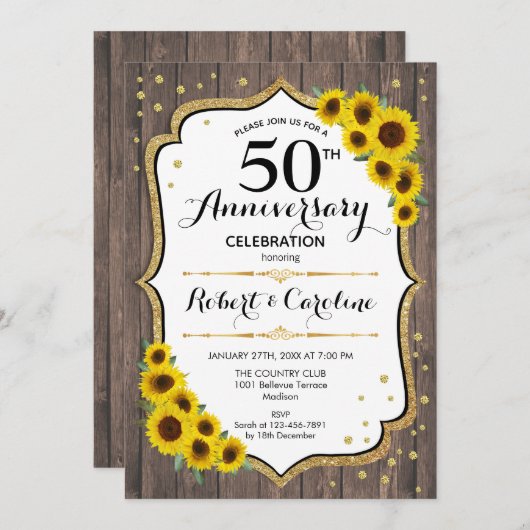 Rustic 50th Anniversary - Zonnebloemen Hout Goud Kaart (Voorkant / Achterkant)