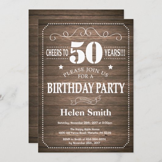 Rustic 50th Birthday Invitation Kaart (Voorkant / Achterkant)