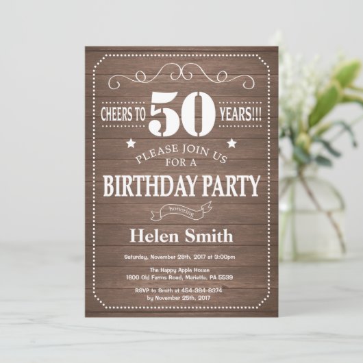 Rustic 50th Birthday Invitation Kaart (Staand voorkant)