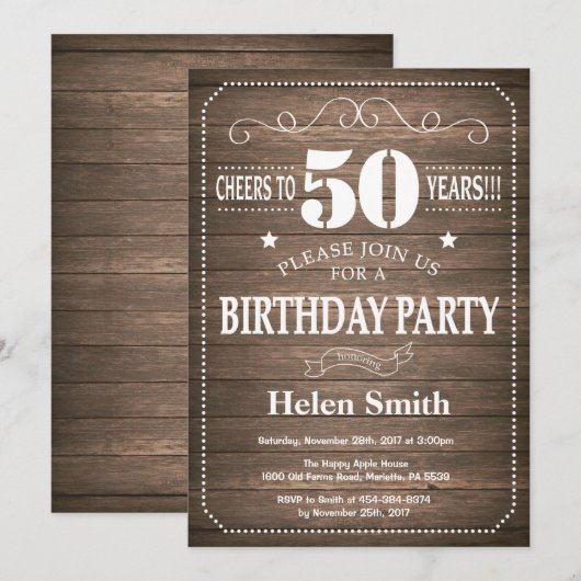 Rustic 50th Birthday Invitation Retro Kaart (Voorkant / Achterkant)