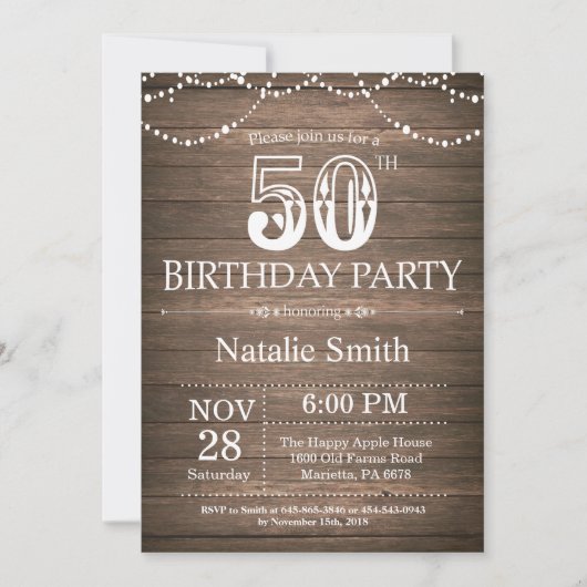 Rustic 50th Birthday Invitation String Lights Kaart (Voorkant)
