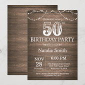 Rustic 50th Birthday Invitation String Lights Kaart (Voorkant / Achterkant)