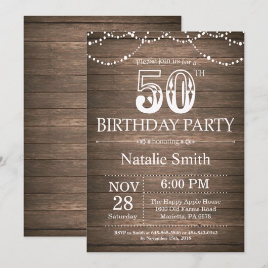 Rustic 50th Birthday Invitation String Lights Kaart (Voorkant / Achterkant)