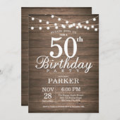 Rustic 50th Birthday Invitation String Lights Wood Kaart (Voorkant / Achterkant)
