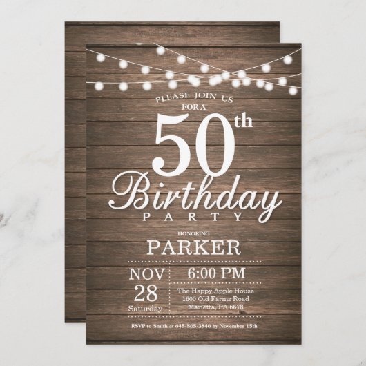Rustic 50th Birthday Invitation String Lights Wood Kaart (Voorkant / Achterkant)