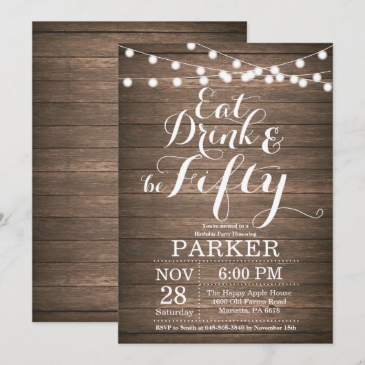 Rustic 50th Birthday Invitation Wood Kaart (Voorkant / Achterkant)