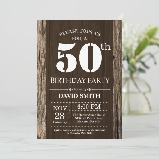 Rustic 50th Birthday Invitation  Wood Kaart (Staand voorkant)