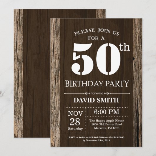 Rustic 50th Birthday Invitation  Wood Kaart (Voorkant / Achterkant)