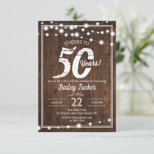 Rustic 50th Birthday String Lights Birthday Party Kaart (Staand voorkant)