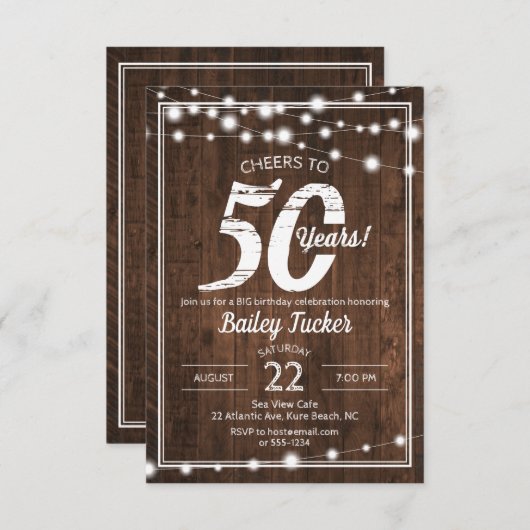 Rustic 50th Birthday String Lights Birthday Party Kaart (Voorkant / Achterkant)