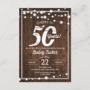 Rustic 50th Birthday String Lights Birthday Party Kaart
