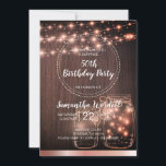 Rustic 50th Birthday String Lights Kaart<br><div class="desc">Rustic 50e verjaardagsfeestuitnodiging met snaarlampen,  mason jar glass grain background en een roos tint met roos gouden metalen strip. Pas deze uitnodiging aan voor elke leeftijd. Rustige landstijl.</div>