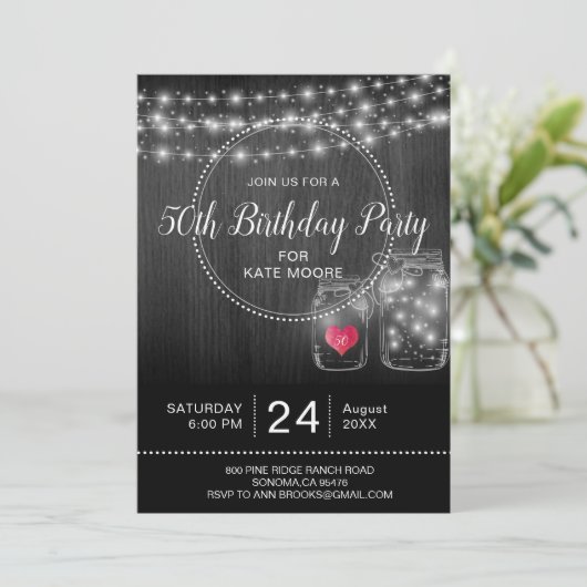 Rustic 50th Birthday String Lights Mason Jars Kaart (Staand voorkant)