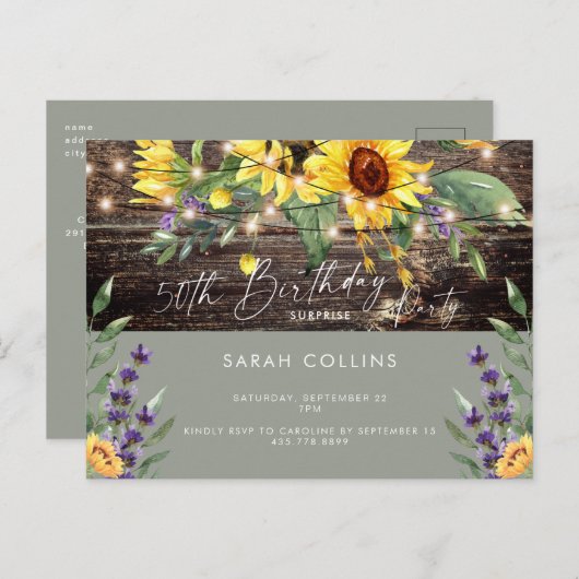 Rustic 50th Birthday Sunflower Sage Birthday Uitnodiging Briefkaart (Voorkant / Achterkant)