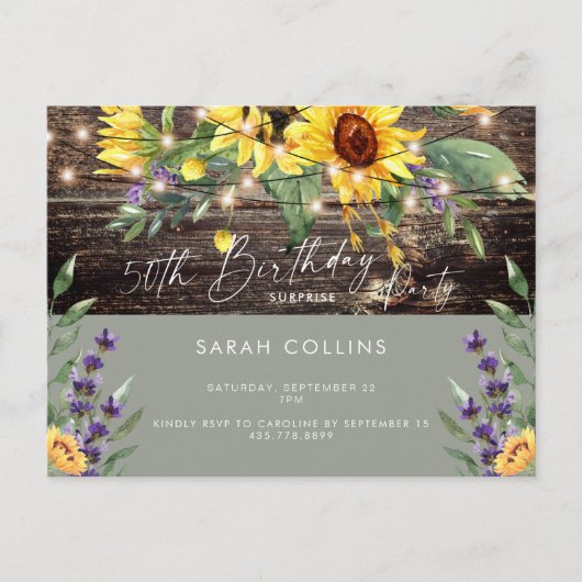 Rustic 50th Birthday Sunflower Sage Birthday Uitnodiging Briefkaart (Voorkant)