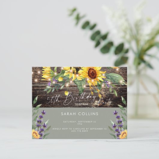 Rustic 50th Birthday Sunflower Sage Birthday Uitnodiging Briefkaart (Staand voorkant)