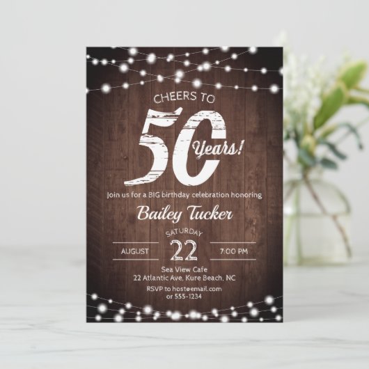 Rustic 50th Birthday Wood & String Lights Birthday Kaart (Staand voorkant)
