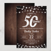 Rustic 50th Birthday Wood & String Lights Birthday Kaart (Voorkant / Achterkant)