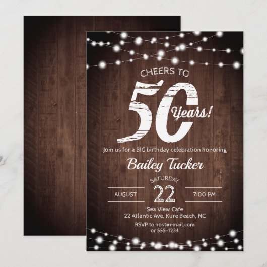 Rustic 50th Birthday Wood & String Lights Birthday Kaart (Voorkant / Achterkant)