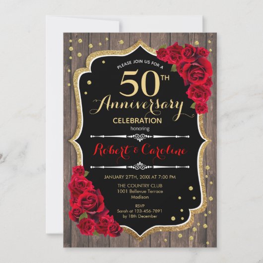 Rustic 50th Jubileum Invitation - Hout Rood Goud Kaart (Voorkant)