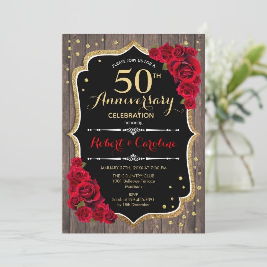 Rustic 50th Jubileum Invitation - Hout Rood Goud Kaart (Staand voorkant)