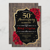 Rustic 50th Jubileum Invitation - Hout Rood Goud Kaart (Voorkant / Achterkant)