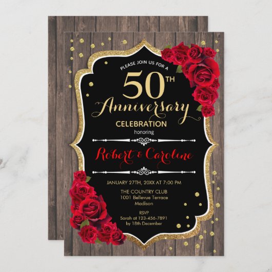 Rustic 50th Jubileum Invitation - Hout Rood Goud Kaart (Voorkant / Achterkant)