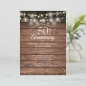 Rustic 50th Wedding Jubileum Gold String Lights Kaart (Staand voorkant)