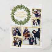 Rustic 5 Photo Collage Greenery kerstgoud Folie Feestdagenkaart (Voorkant)