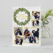 Rustic 5 Photo Collage Greenery kerstgoud Folie Feestdagenkaart (Staand Voorkant)