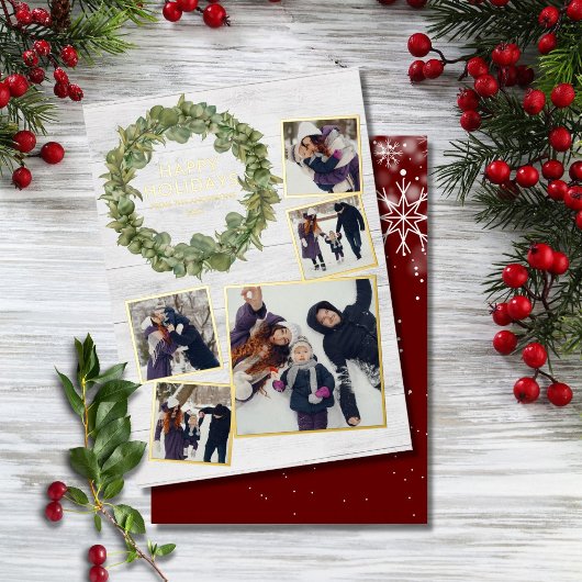 Rustic 5 Photo Collage Greenery kerstgoud Folie Feestdagenkaart