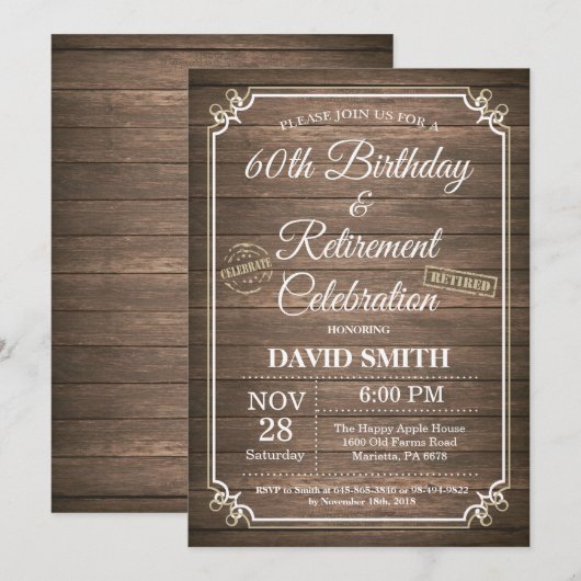 Rustic 60th Birthday and Retirement Party Kaart (Voorkant / Achterkant)