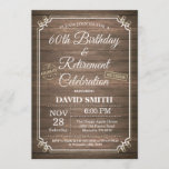 Rustic 60th Birthday and Retirement Party Kaart<br><div class="desc">Rustic 60th Birthday and Retirement Party Invitation Card with Rustic Wood Background.  Retroland. Voor verdere aanpassing,  te klikken gelieve de knoop "van de Aanpassing het"en ons ontwerphulpmiddel te gebruiken om deze sjabloon te wijzigen.</div>