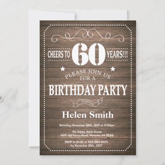 Rustic 60th Birthday Invitation Kaart (Voorkant)