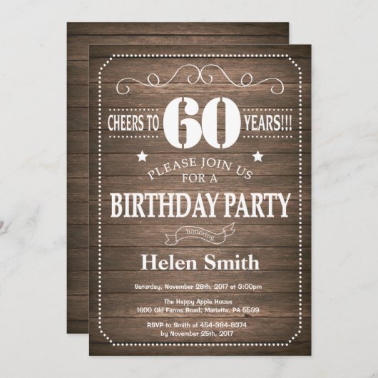 Rustic 60th Birthday Invitation Kaart (Voorkant / Achterkant)