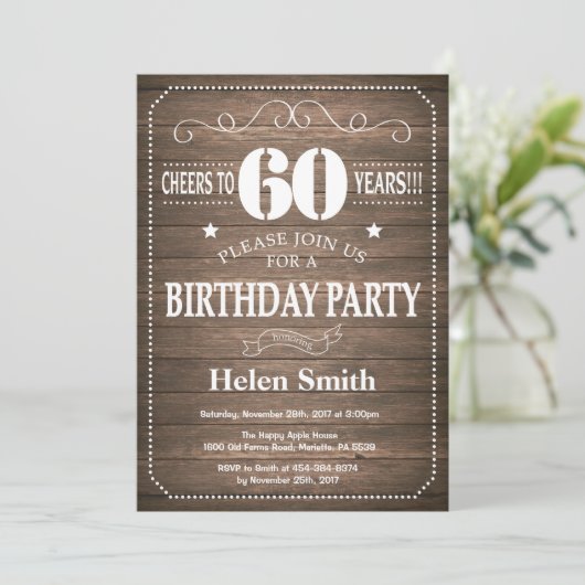 Rustic 60th Birthday Invitation  Retro Kaart (Staand voorkant)