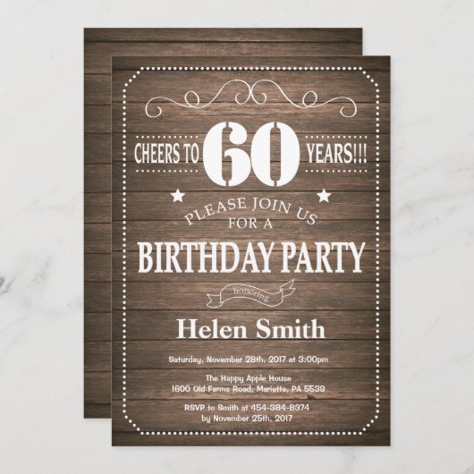 Rustic 60th Birthday Invitation Retro Kaart (Voorkant / Achterkant)