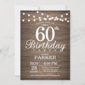 Rustic 60th Birthday Invitation String Lights Wood Kaart (Voorkant)