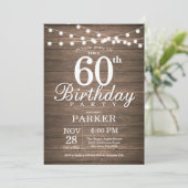 Rustic 60th Birthday Invitation String Lights Wood Kaart (Staand voorkant)
