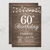 Rustic 60th Birthday Invitation String Lights Wood Kaart (Voorkant / Achterkant)