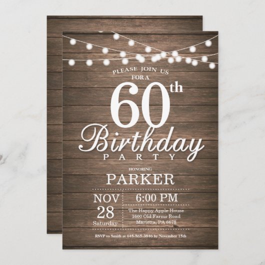Rustic 60th Birthday Invitation String Lights Wood Kaart (Voorkant / Achterkant)