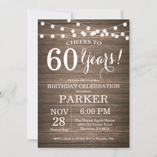 Rustic 60th Birthday Invitation Wood Kaart (Voorkant)