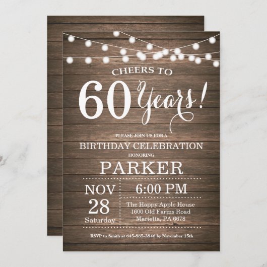 Rustic 60th Birthday Invitation Wood Kaart (Voorkant / Achterkant)